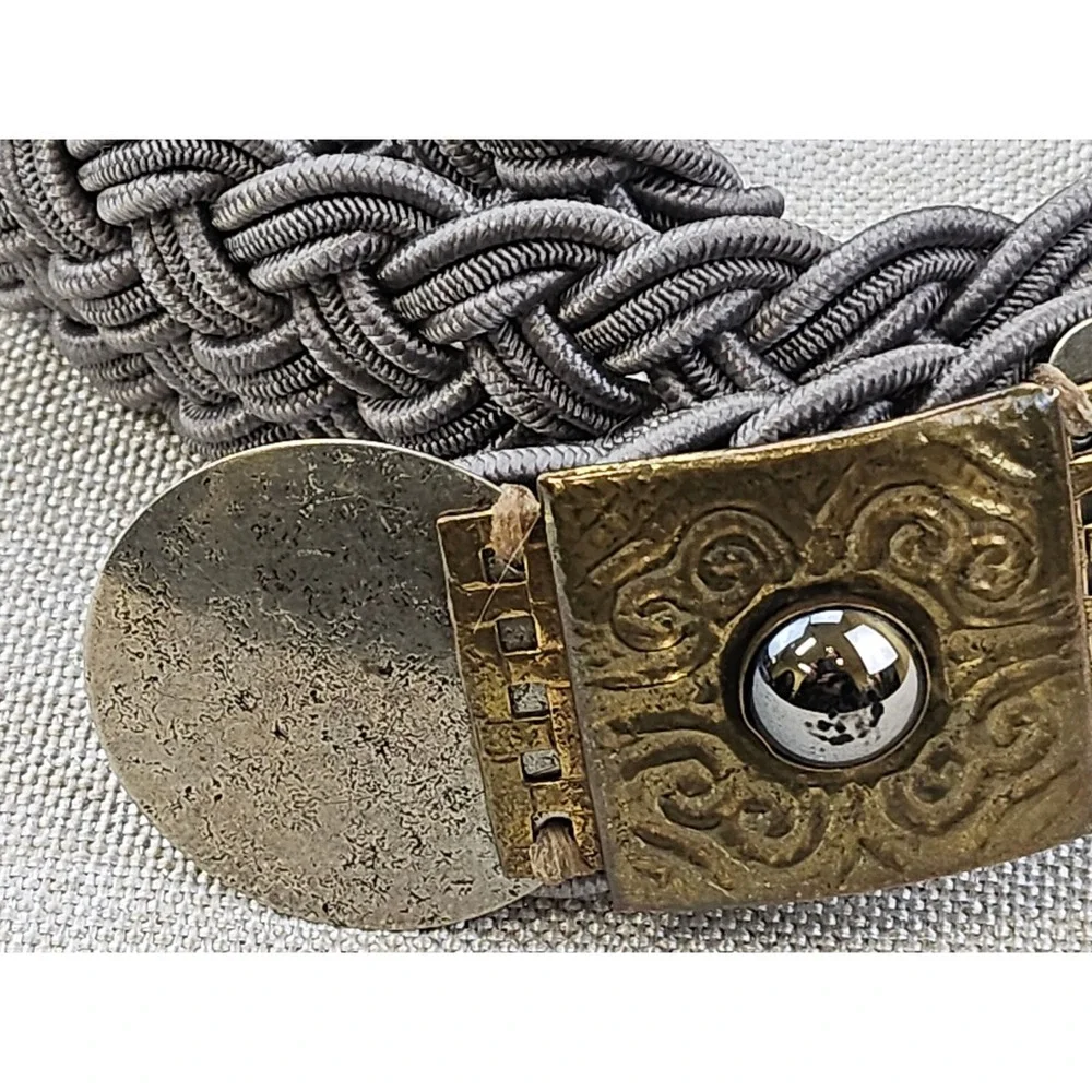 Vtg BAER SF Braided Cord Belt with Ornate Hammered Brass & Silver Metal‎ Buckle